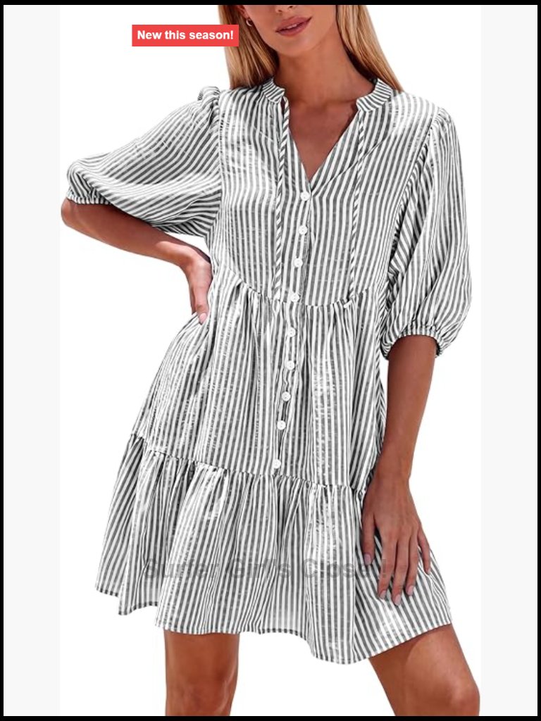 Striped Mini Dress Half Sleeve Button Down Casual Flowy Beach Vacation Pockets